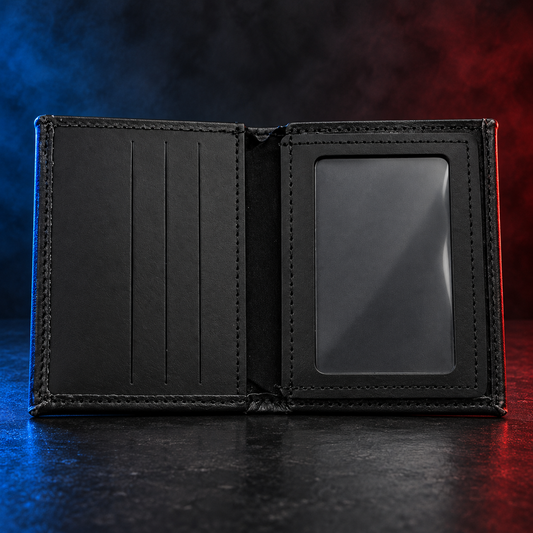 Boston Leather 165-S-4173 badge wallet open showing vertical card slots and ID window