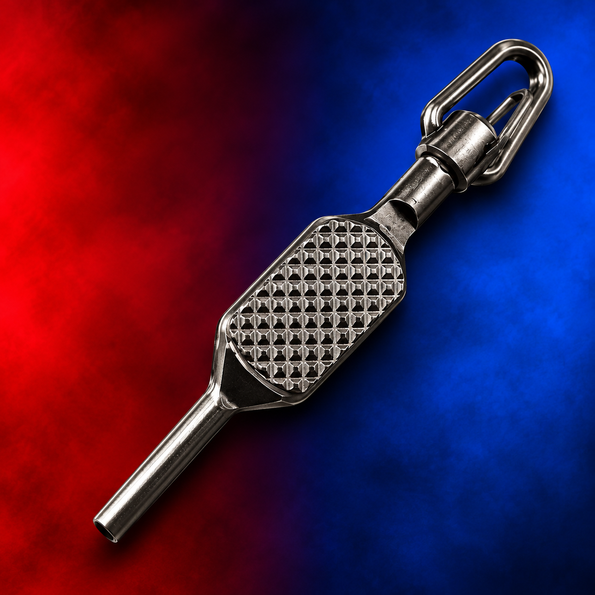 Premier Tactical Handcuff Key on clean red and blue background without lettering, product rendering