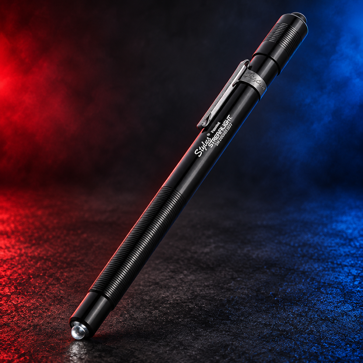 Black Streamlight Stylus blue LED penlight on Mobile Cop Shop red and blue background