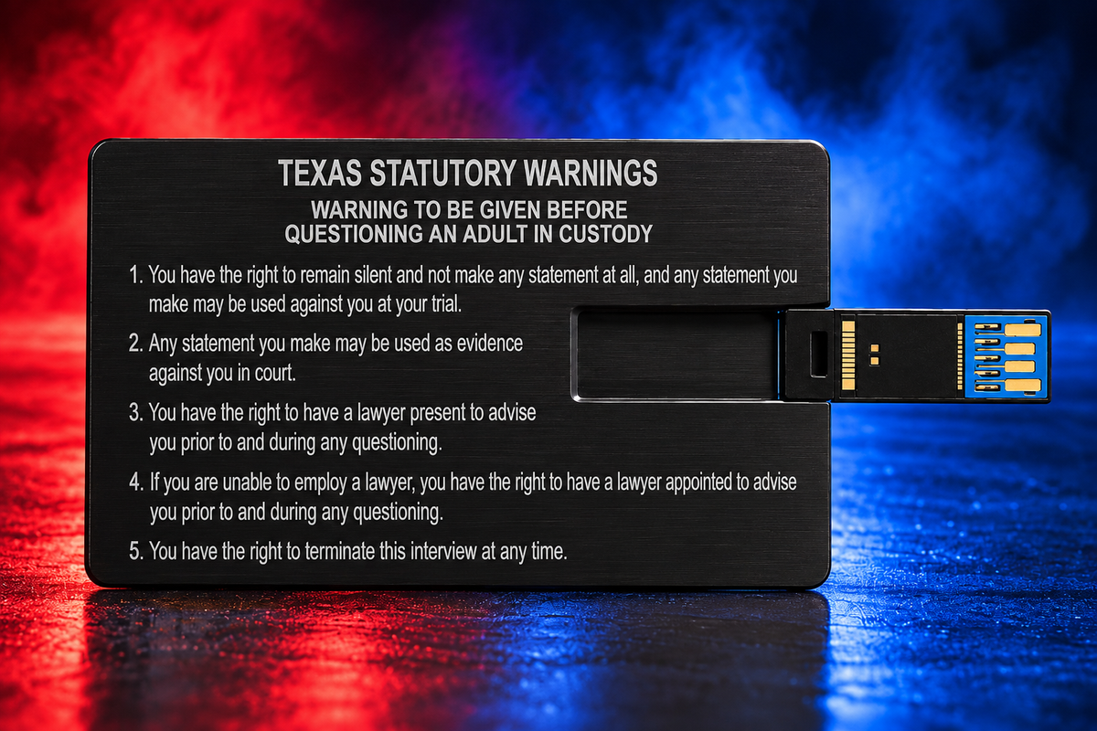 Miranda Flash Drive black metal 32GB USB-A 3.0 Texas statutory warnings laser etched, USB connector extended
