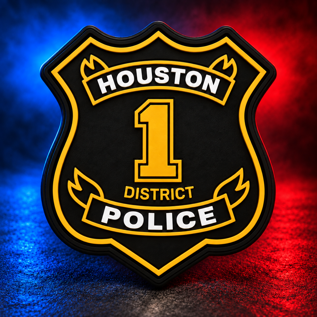 HPD District 1 gold PVC patch concept on Mobile Cop Shop background
