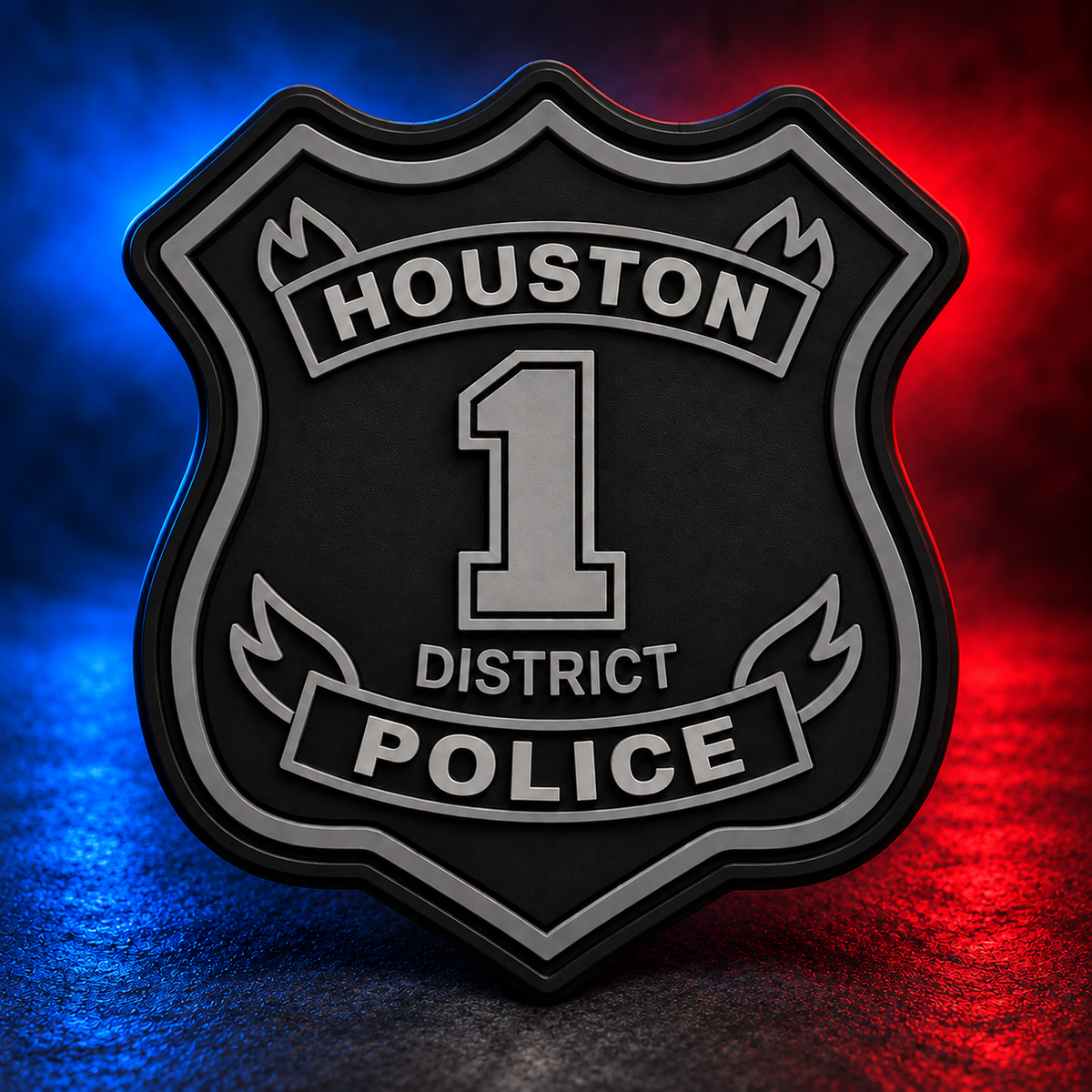 HPD District 1 subdued PVC patch concept on Mobile Cop Shop background