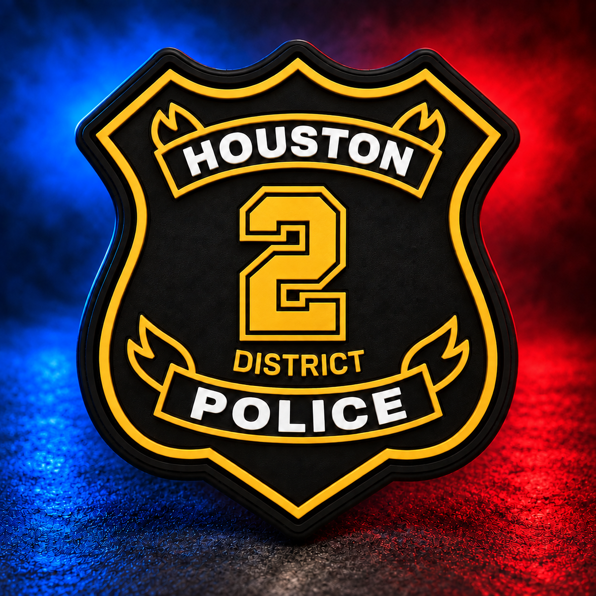 HPD District 2 gold PVC patch concept on Mobile Cop Shop background