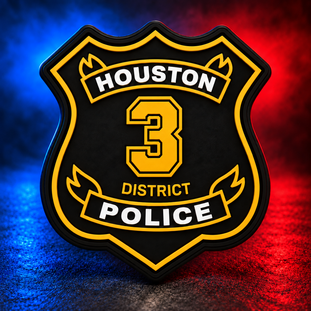 HPD District 3 gold PVC patch concept on Mobile Cop Shop background