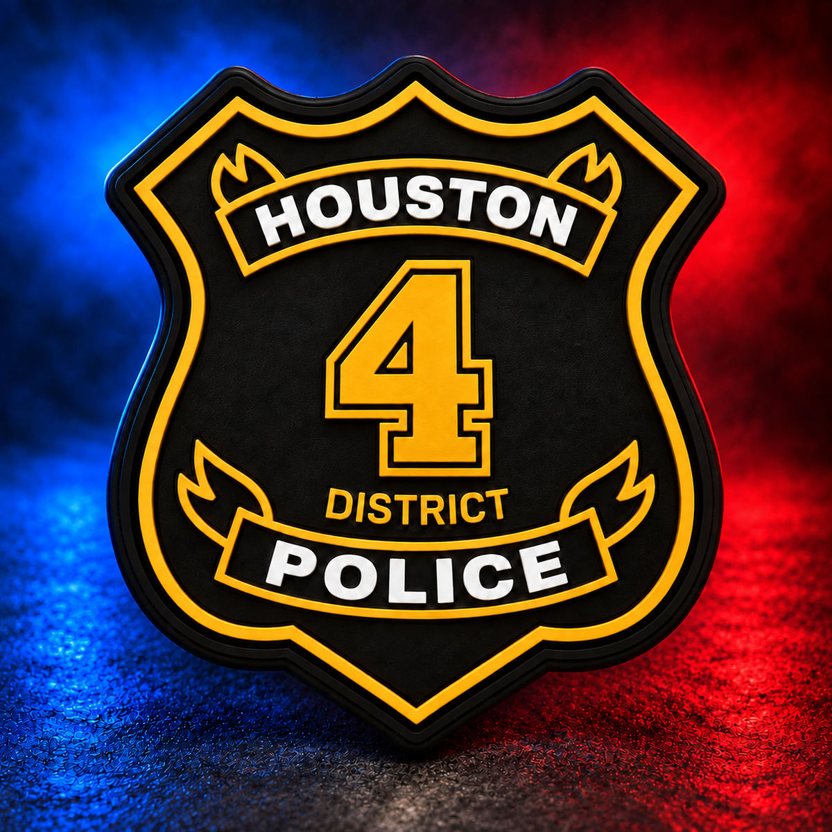 HPD District 4 gold PVC patch concept on Mobile Cop Shop background