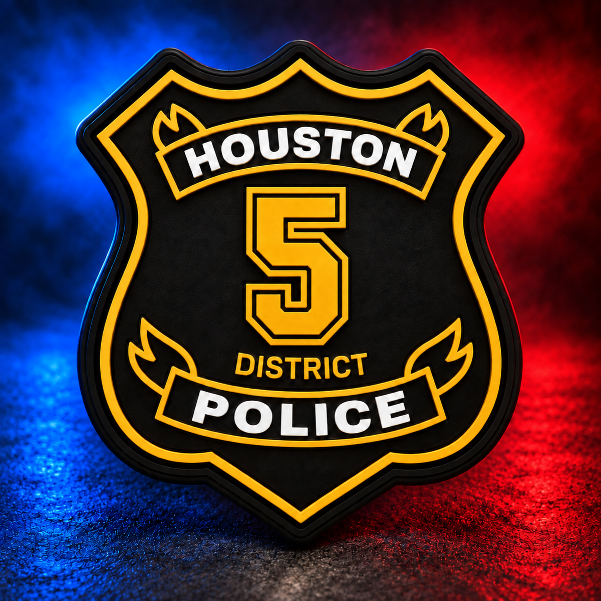 HPD District 5 gold PVC patch concept on Mobile Cop Shop background