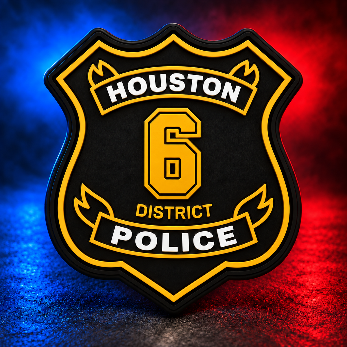 HPD District 6 gold PVC patch concept on Mobile Cop Shop background