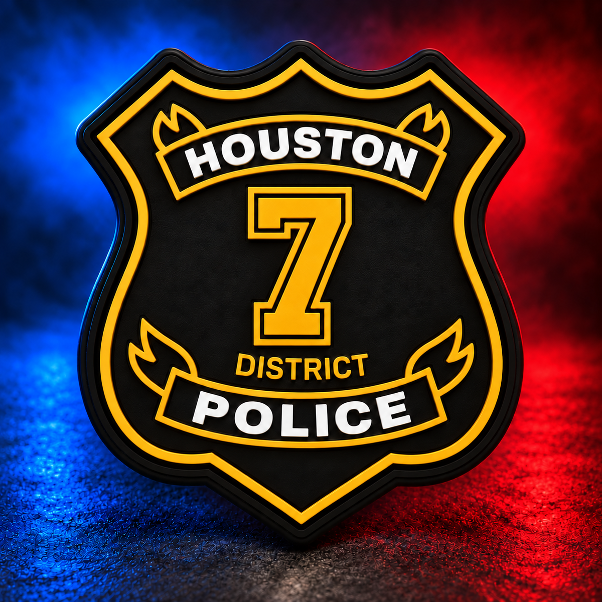 HPD District 7 gold PVC patch concept on Mobile Cop Shop background