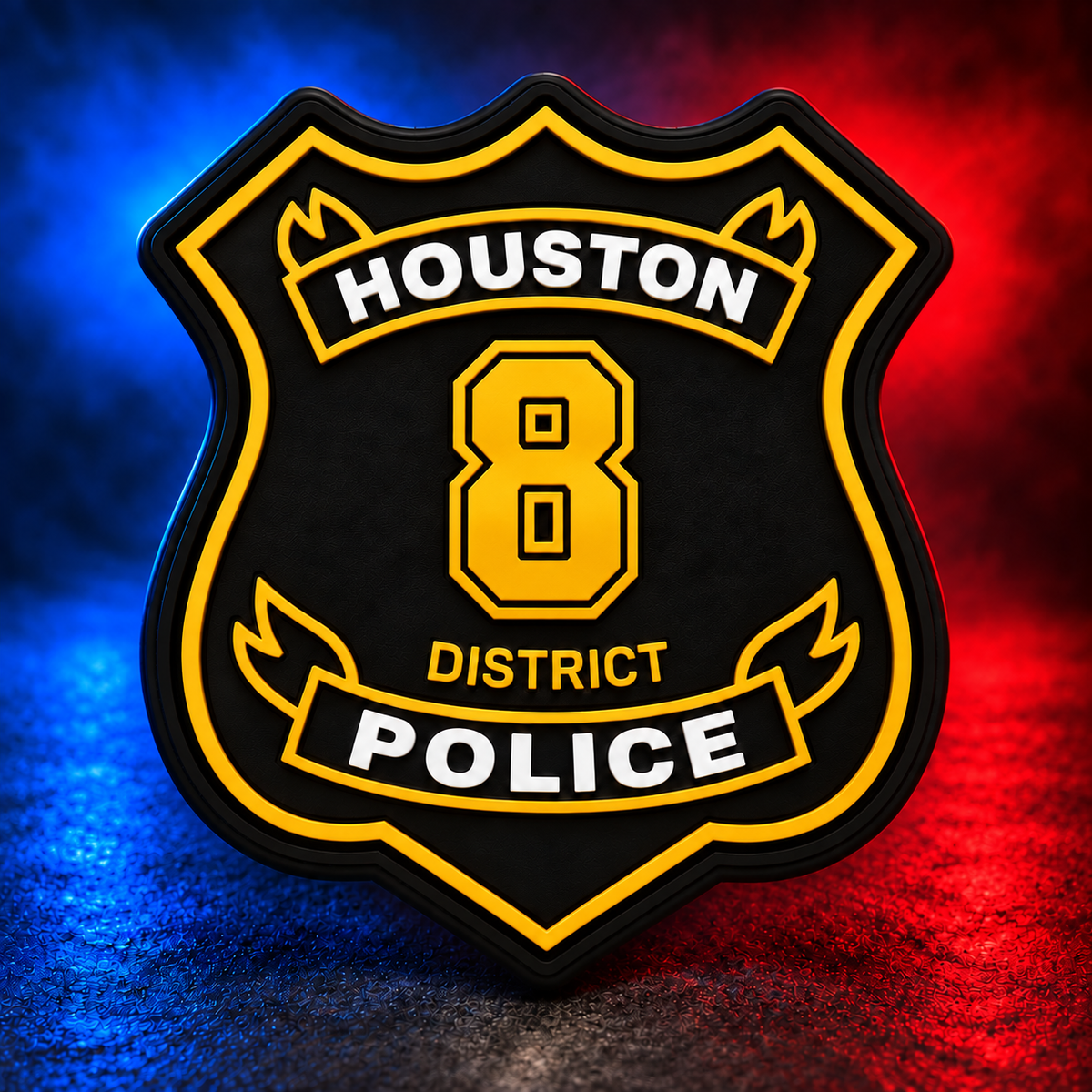 HPD District 8 gold PVC patch concept on Mobile Cop Shop background