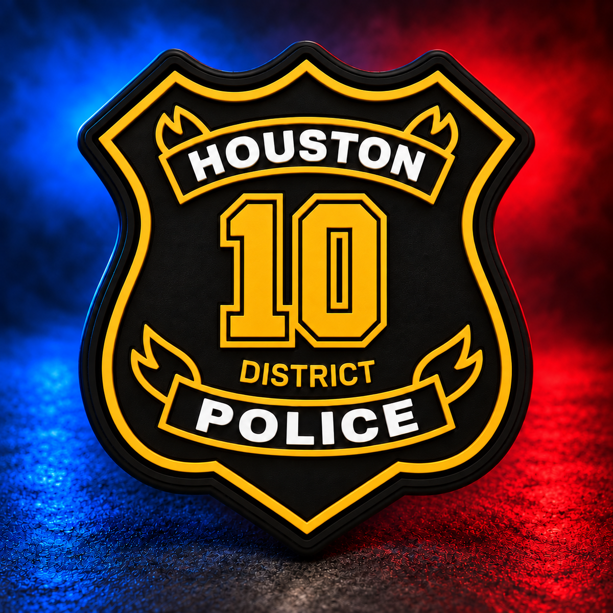 HPD District 10 gold PVC patch concept on Mobile Cop Shop background