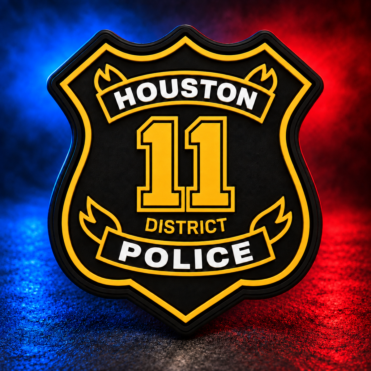 HPD District 11 gold PVC patch concept on Mobile Cop Shop background