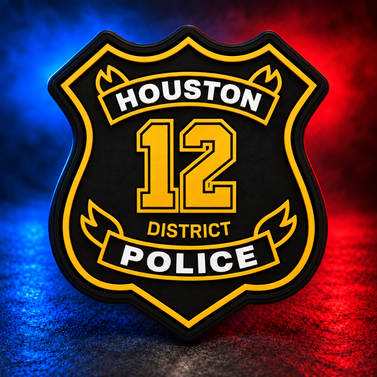 HPD District 12 gold PVC patch concept on Mobile Cop Shop background