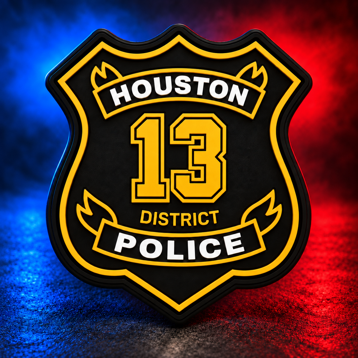 HPD District 13 gold PVC patch concept on Mobile Cop Shop background