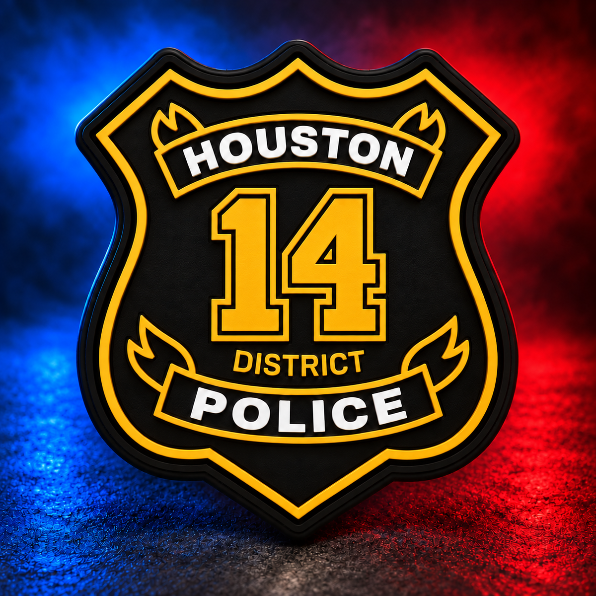 HPD District 14 gold PVC patch concept on Mobile Cop Shop background