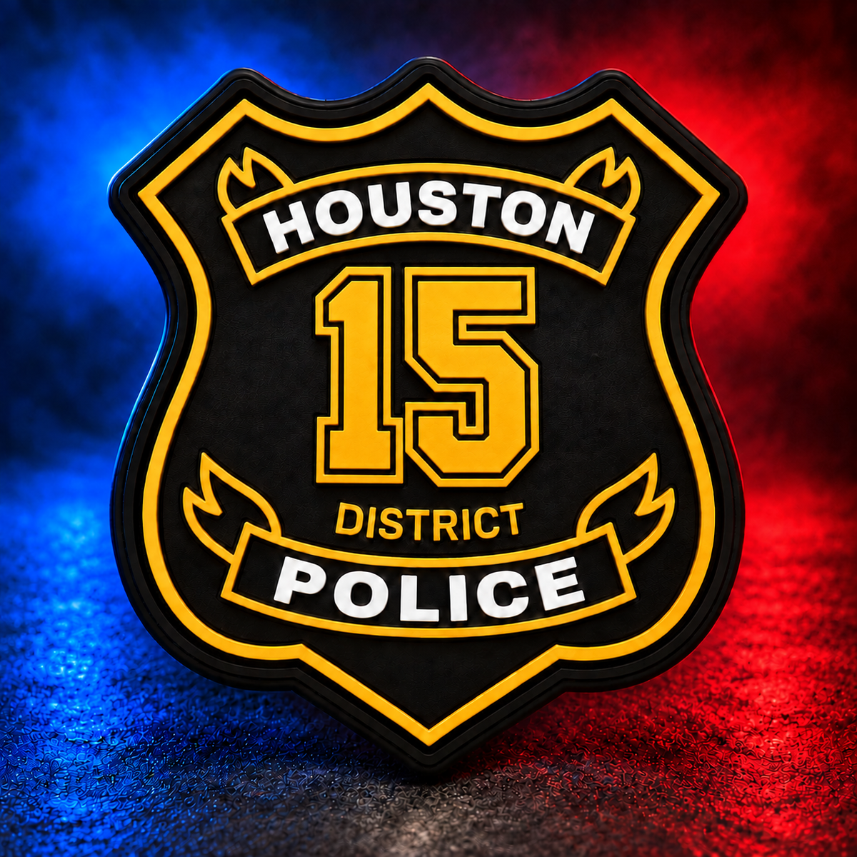 HPD District 15 gold PVC patch concept on Mobile Cop Shop background