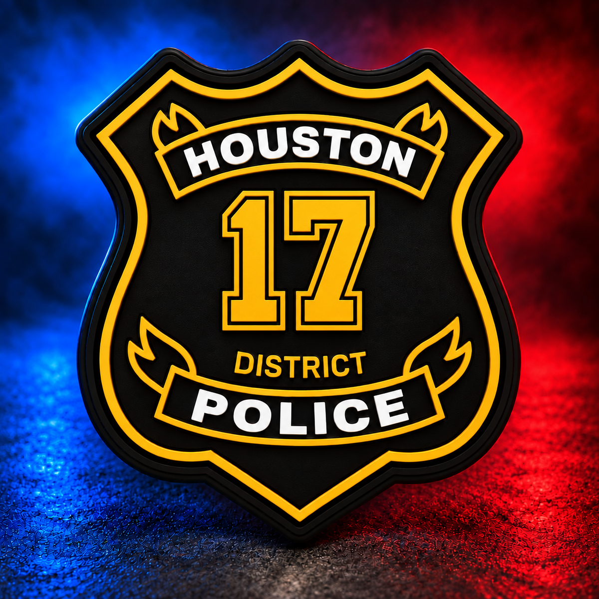 HPD District 17 gold PVC patch concept on Mobile Cop Shop background