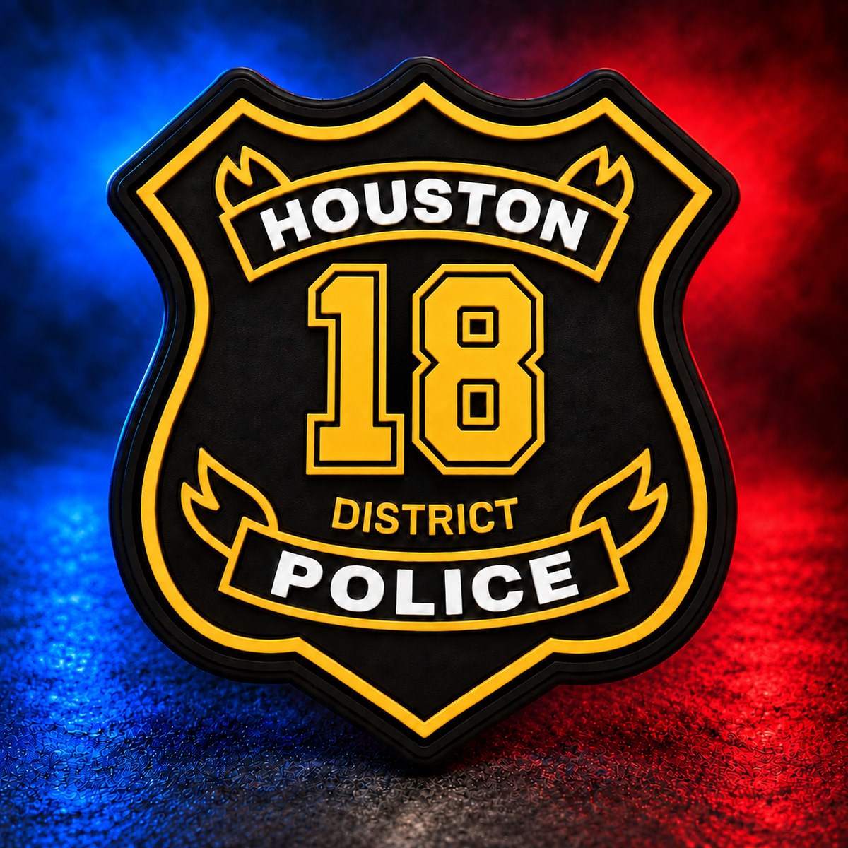 HPD District 18 gold PVC patch concept on Mobile Cop Shop background