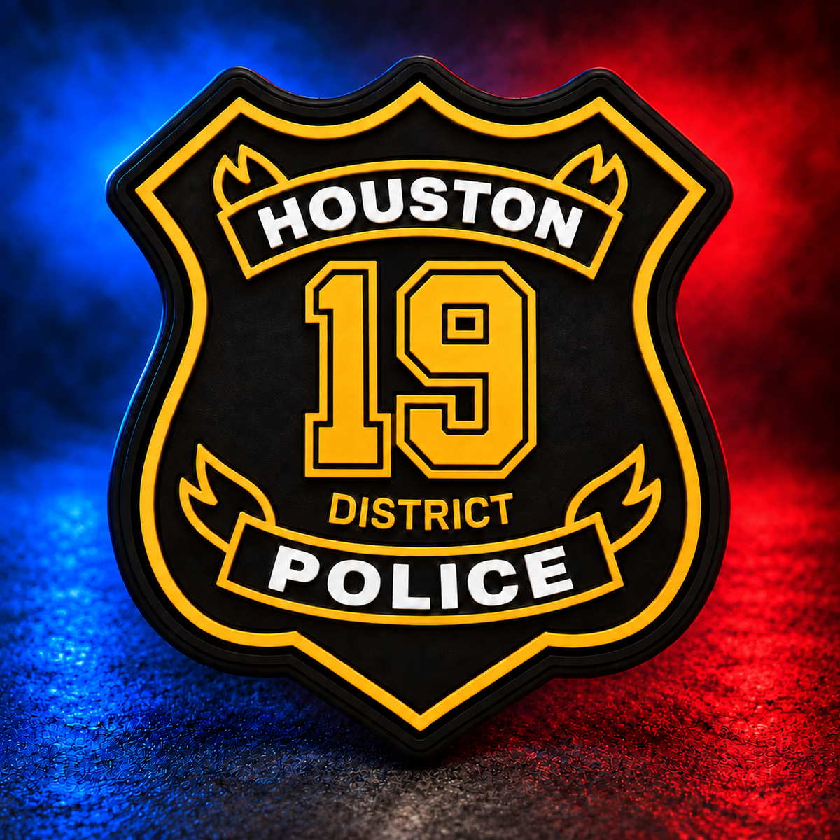HPD District 19 gold PVC patch concept on Mobile Cop Shop background
