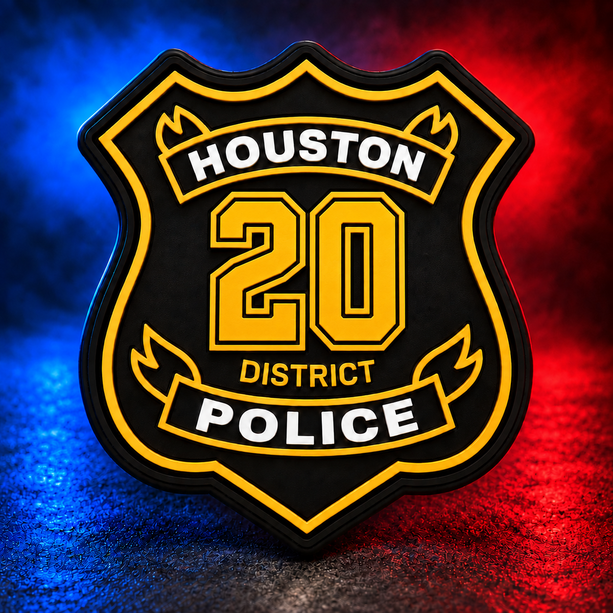 HPD District 20 gold PVC patch concept on Mobile Cop Shop background
