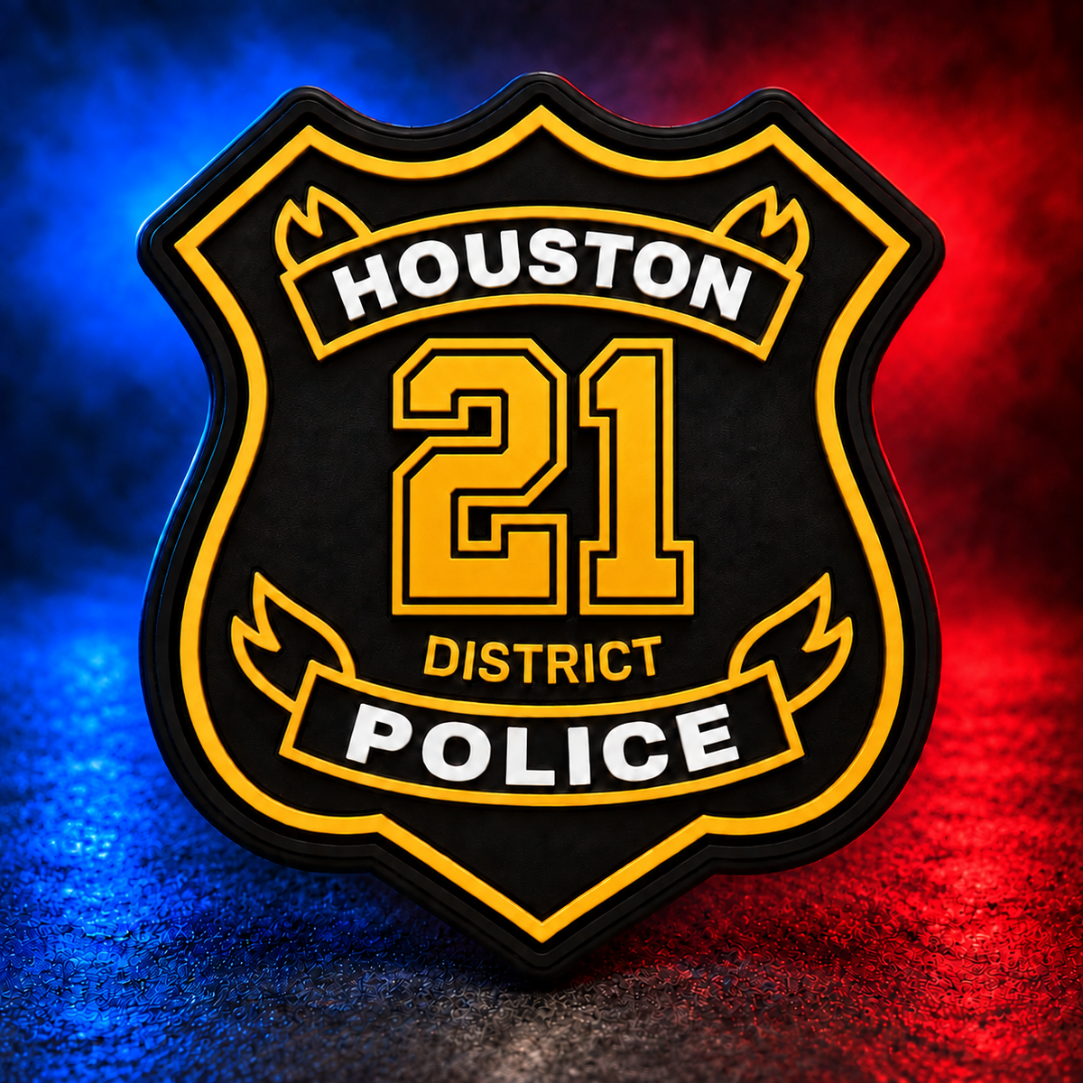HPD District 21 gold PVC patch concept on Mobile Cop Shop background