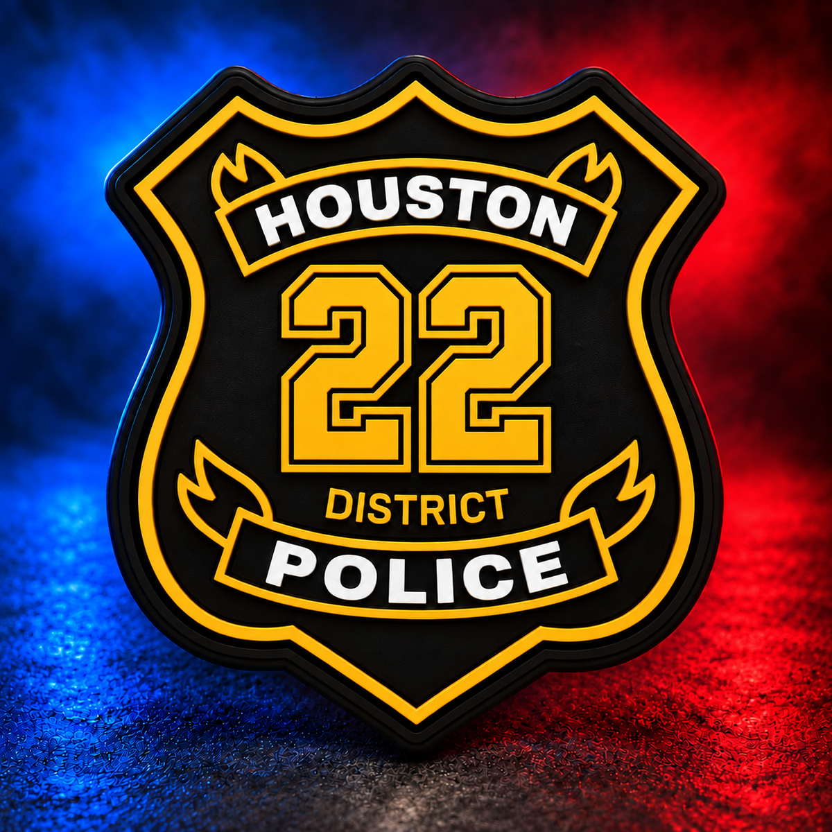 HPD District 22 gold PVC patch concept on Mobile Cop Shop background