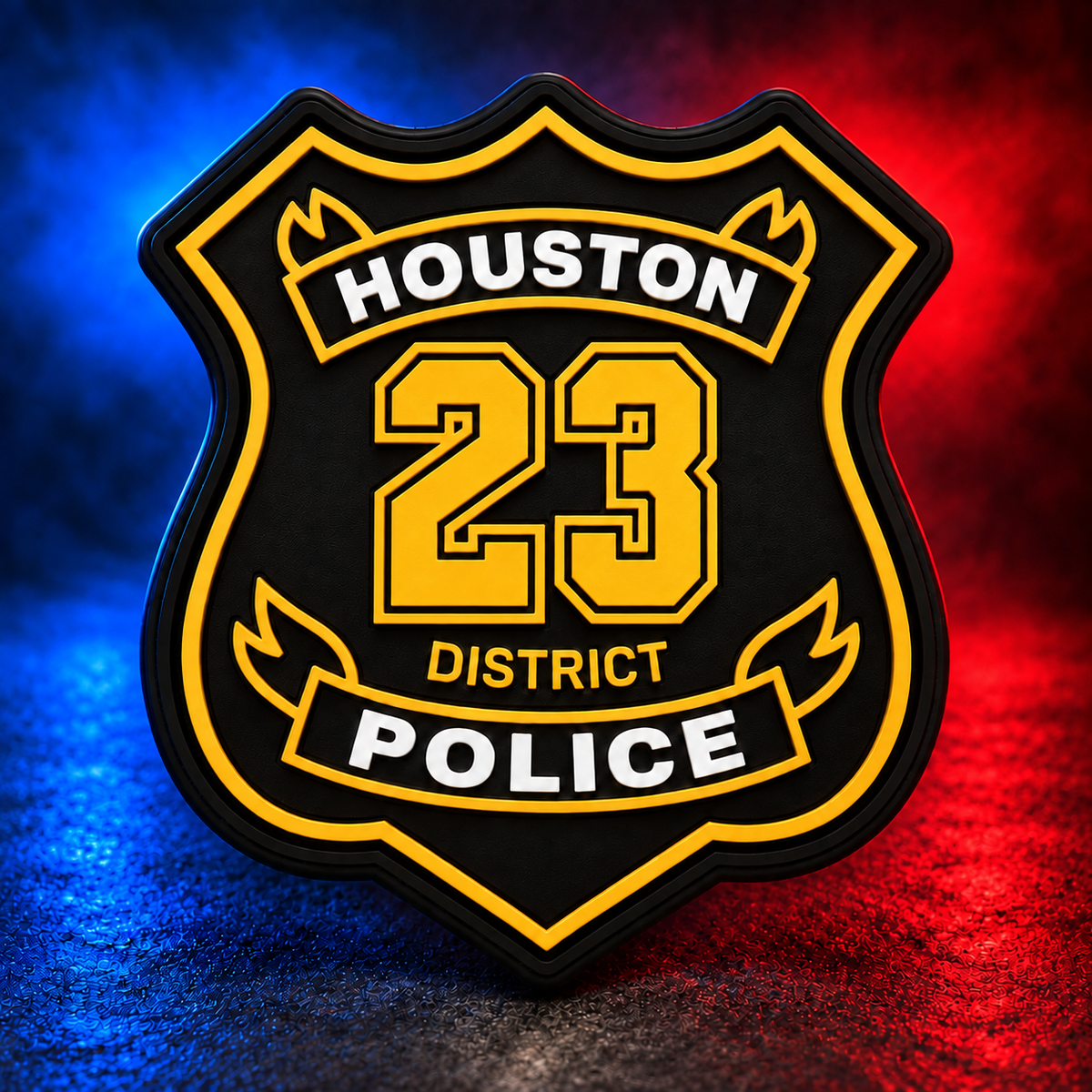 HPD District 23 gold PVC patch concept on Mobile Cop Shop background