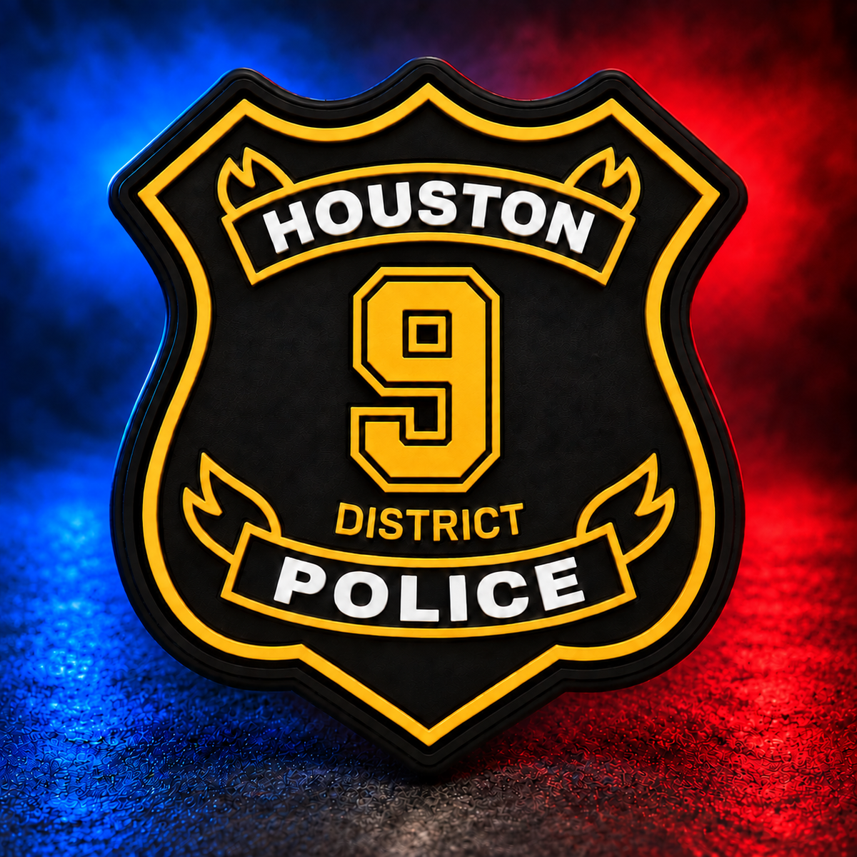 HPD District 9 gold PVC patch concept on Mobile Cop Shop background