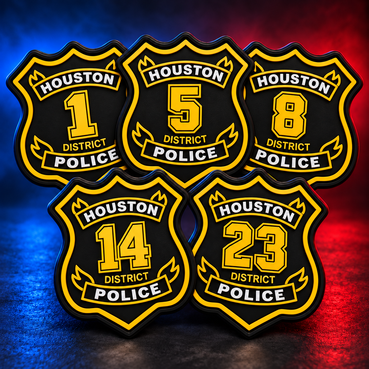 HPD district PVC patch concepts in black gold and white showing districts 1 5 8 14 and 23
