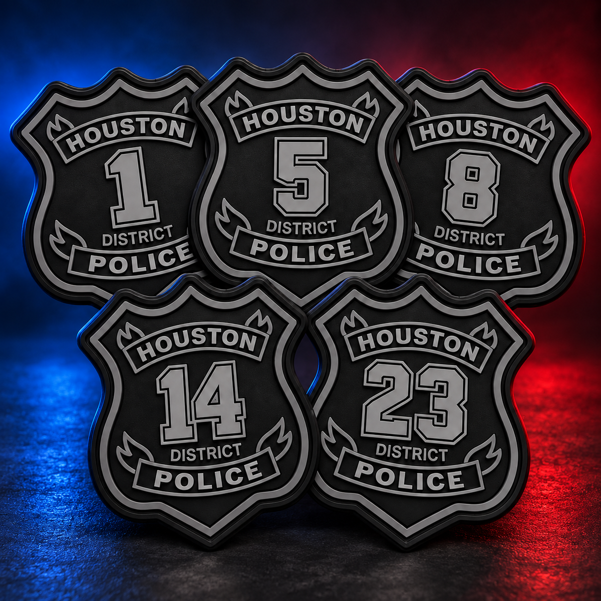 Concept rendering of subdued Houston Police district PVC patches showing Districts 1, 5, 8, 14, and 23