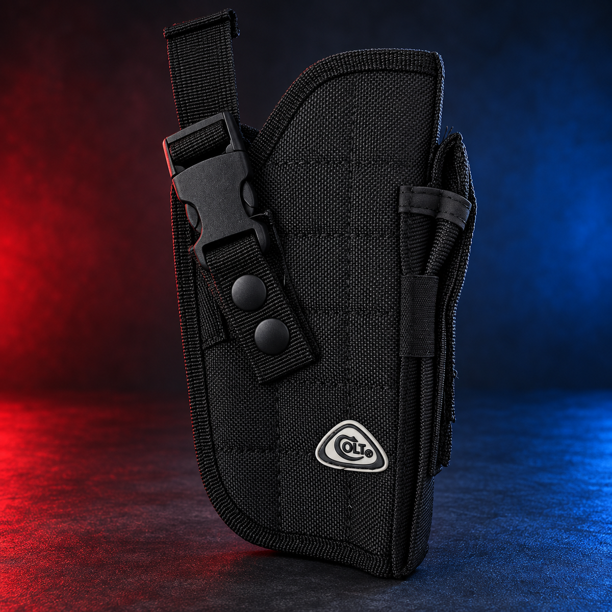 Colt CT392 black tactical holster on red and blue background — product rendering