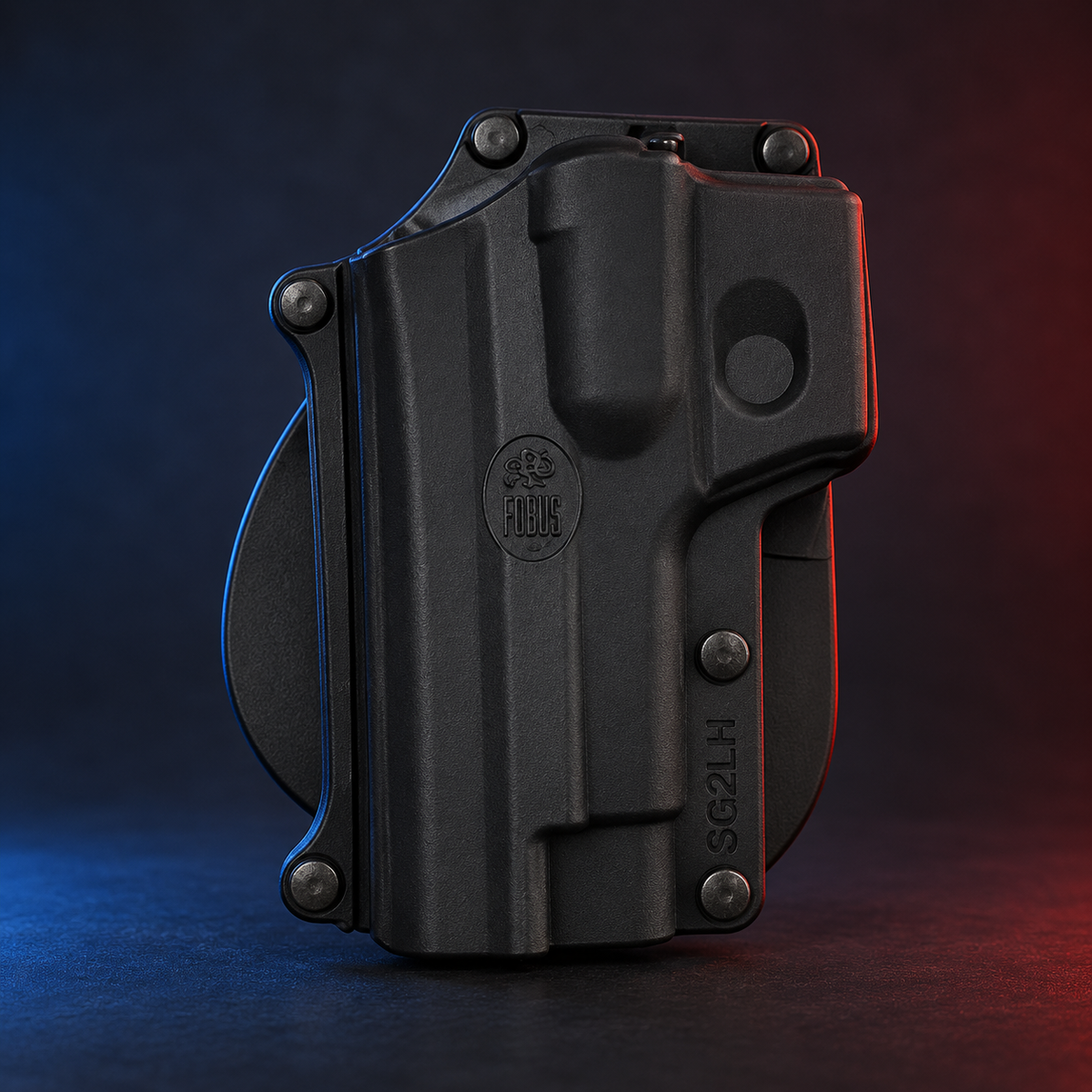 Upright rendering of black Fobus SG2LH left-hand standard paddle holster