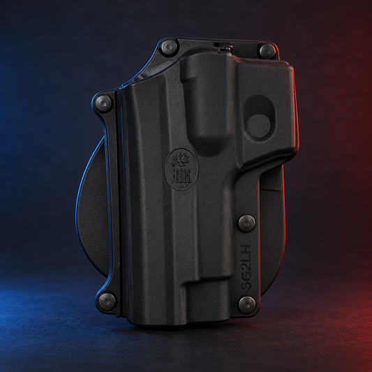 Upright rendering of black Fobus SG2LH left-hand standard paddle holster