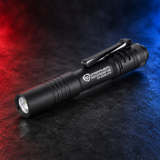 Black Streamlight MicroStream USB flashlight on Mobile Cop Shop red and blue background