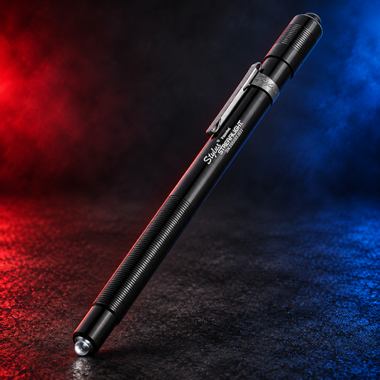 Black Streamlight Stylus blue LED penlight on Mobile Cop Shop red and blue background