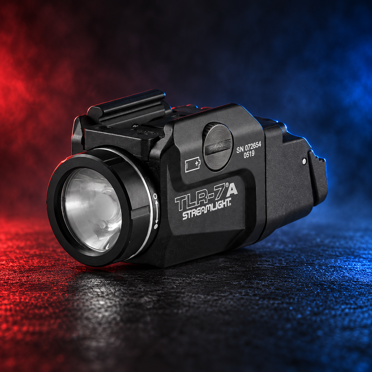 Standalone Streamlight TLR-7A Flex light on Mobile Cop Shop red and blue background
