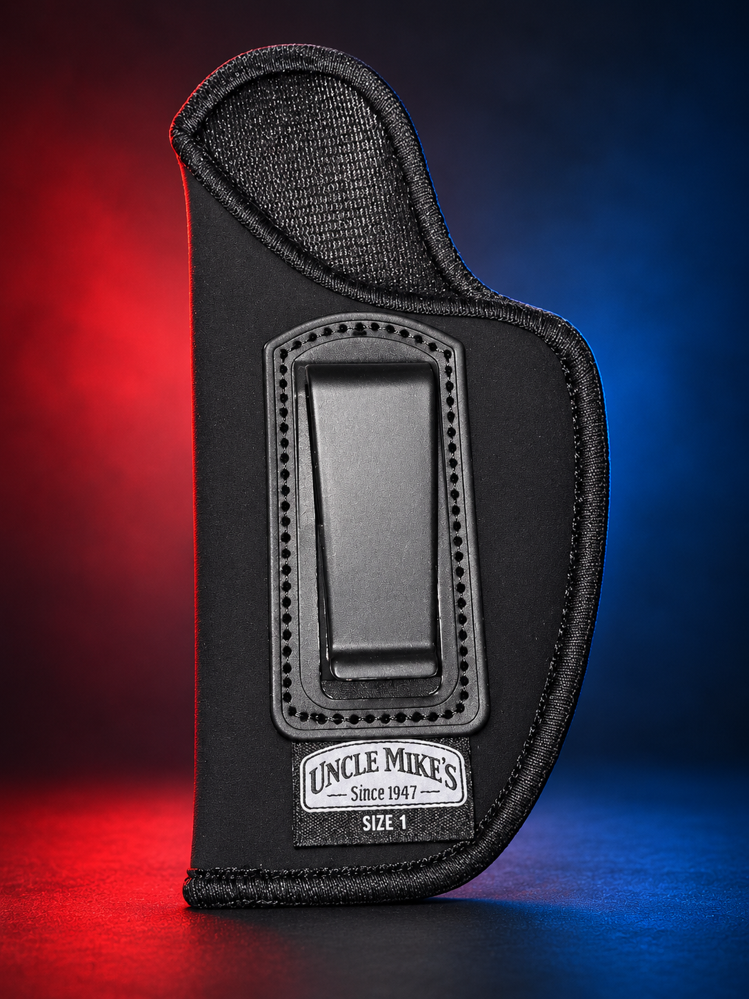 Uncle Mike’s 89012 left-hand size 1 holster — front, belt clip side